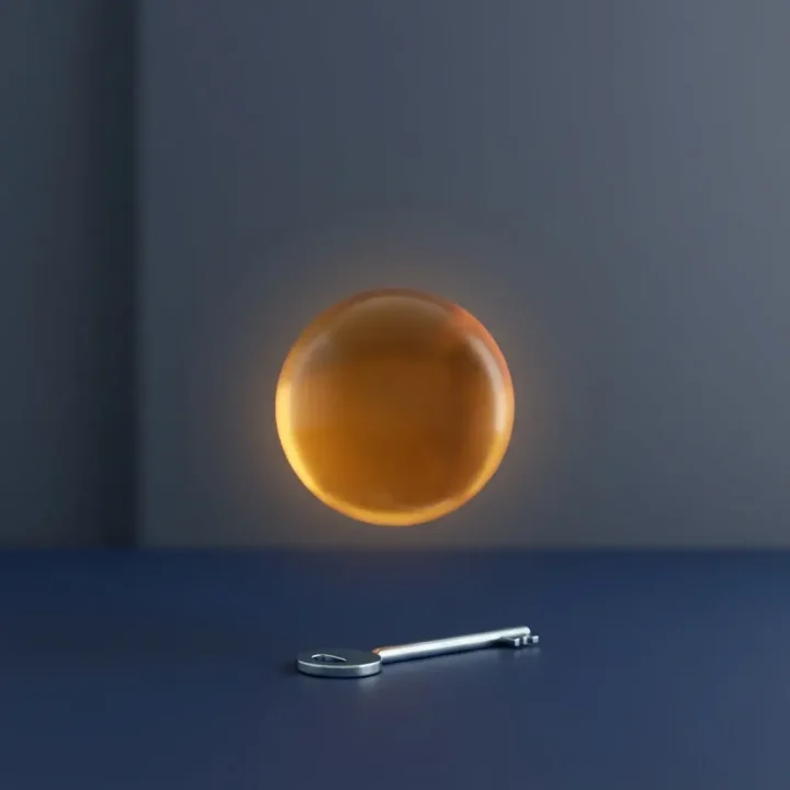 An editorial illustration featuring a central amber sphere set inside a dark vault door mechanism next to a steel key on a navy table.
