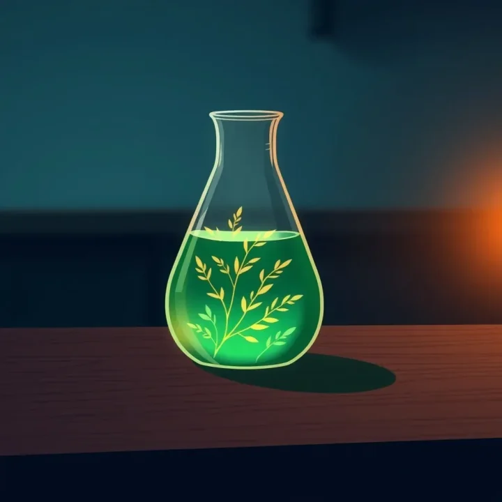 Una ilustración editorial que representa un vaso de precipitados de vidrio transparente lleno de un líquido verde brillante sobre una mesa de trabajo de madera oscura, con un fondo suave de tonos índigo y ámbar.
