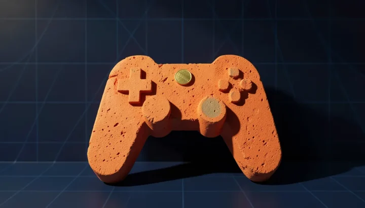 Un mando de juego estilizado hecho de material de ladrillo naranja con una moneda de oro encima, frente a una pared azul marino oscuro.
