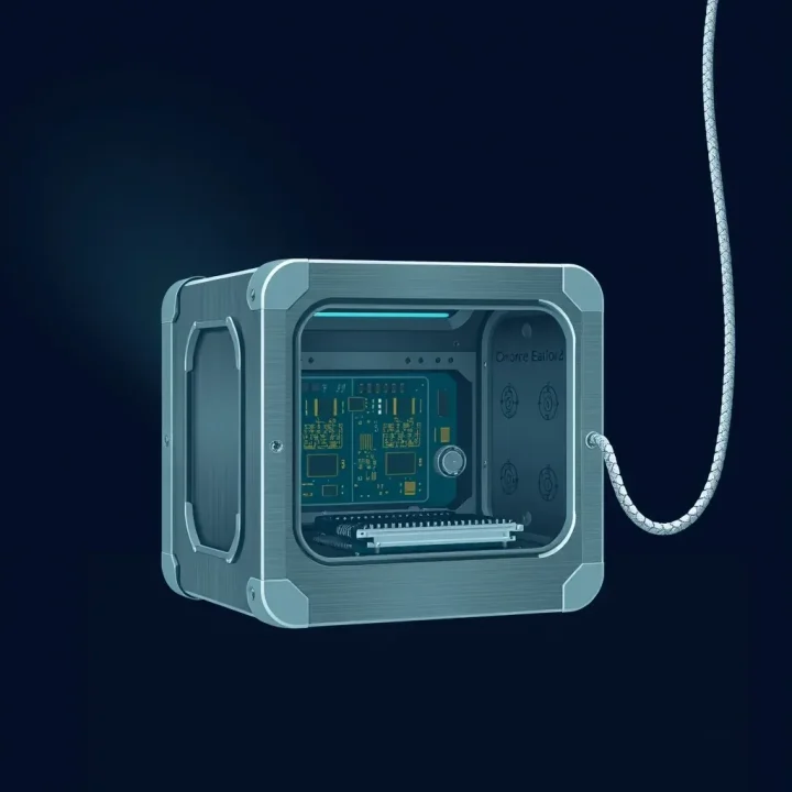 Ilustración editorial de una caja de carga de aluminio pulido parcialmente abierta que muestra componentes electrónicos internos y un cable de datos blanco sobre el fondo oscuro de una nave espacial industrial.