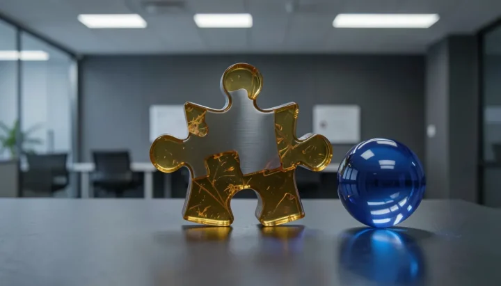 A polished amber resin and steel puzzle piece rests on a dark slate table next to a glowing blue glass sphere in a corporate setting.