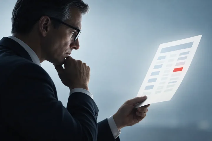 Ilustração de perfil de um contador concentrado revisando um documento financeiro luminoso com um único marcador de erro vermelho, destacando a supervisão humana sobre dados gerados por IA.