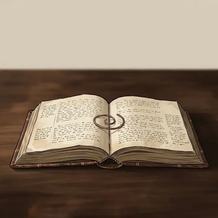 Un libro victoriano abierto encuadernado en cuero sobre una superficie de madera, con notas manuscritas en los márgenes y un fragmento curvado de alambre de cobre sobre la encuadernación.