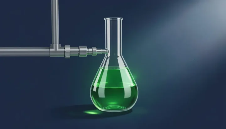 Ein zentraler, leuchtend smaragdgrüner Bioreaktor-Kolben, der vor einem dunkelblauen Hintergrund mit industriellen Rohren verbunden ist.
