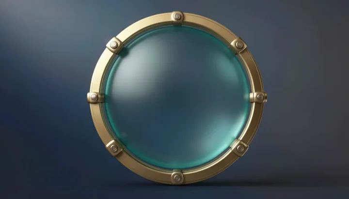 Redaktionelle Illustration eines zentralen kugelförmigen Schildes aus mattem, türkisblauem Glas, umgeben von einem mechanischen Messingring vor einem Farbverlauf in Marineblau und Holzkohlegrau.
