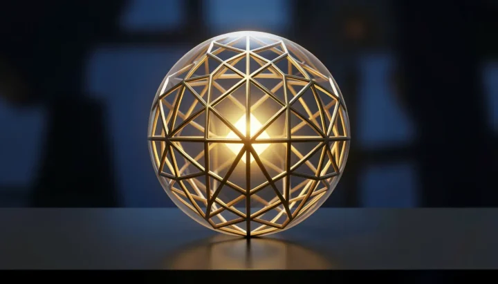 Une sphère translucide lumineuse contenant un réseau récursif complexe en laiton poli, posée sur une table anthracite sous un fond bleu profond.