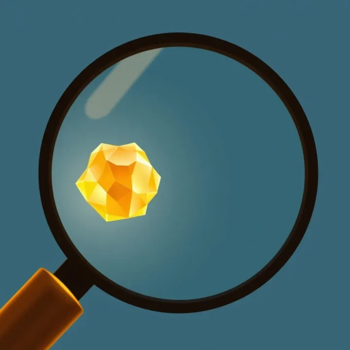 Ilustración editorial de un grano de polen dorado observado a través de una lupa circular sobre un fondo azul pizarra difuminado.