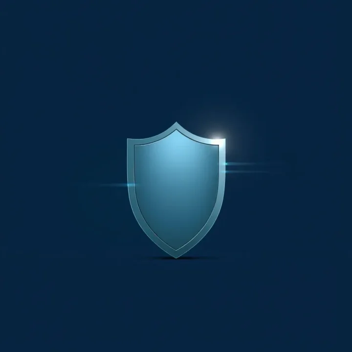 A solid metallic shield standing against a rapid streak of light on a dark blue background.