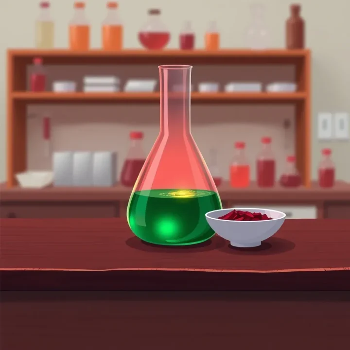 A tall glass beaker filled with emerald green liquid and a porcelain dish containing a deep red botanical extract on a mahogany laboratory workbench.