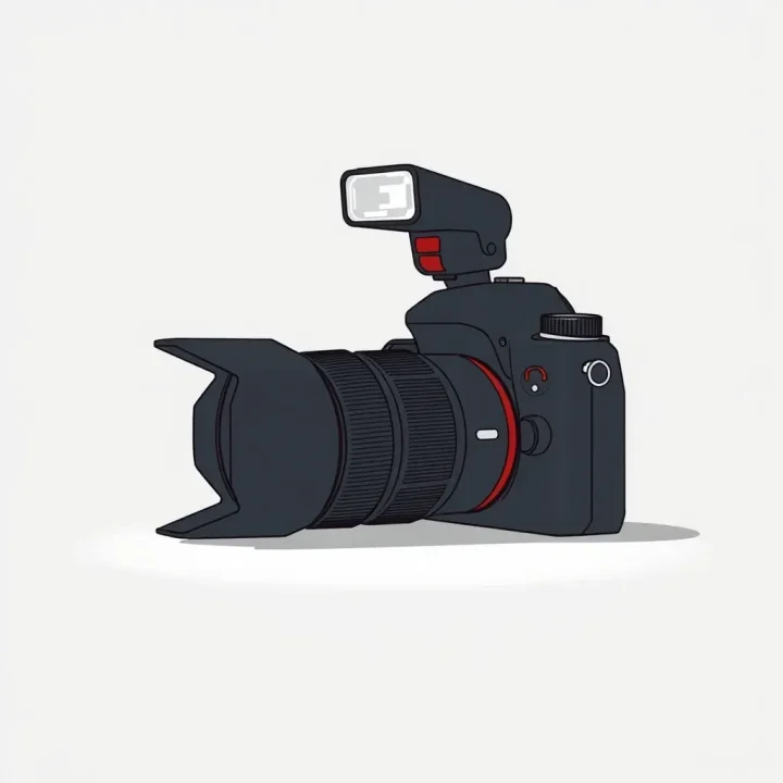 Illustration éditoriale d’un flash compact de style Godox fixé à la griffe porte-accessoire d’un appareil photo.