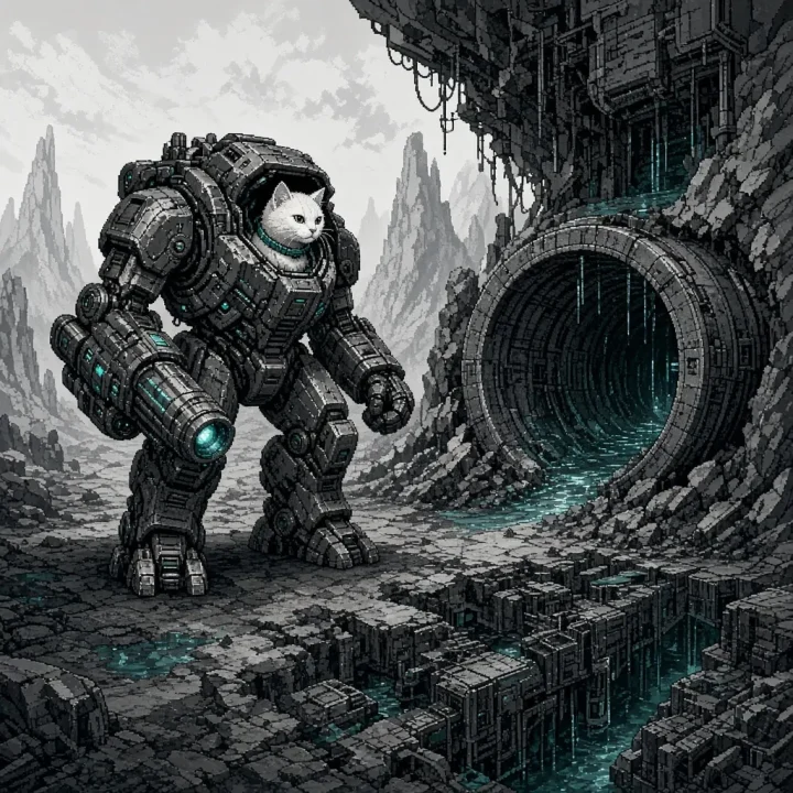 A small white cat in a chunky monochrome mech pauses beside a narrow pipe amid an alien laboratory and submerged aqueduct.