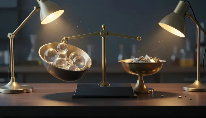 A brushed metal and brass scientific scale rests on a wooden table under soft lamp light, with one weighted pan tilting downward.