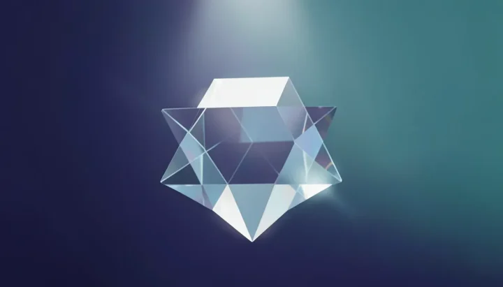 A translucent glass prism displaying internal geometric facets, set against a dark indigo and teal background.