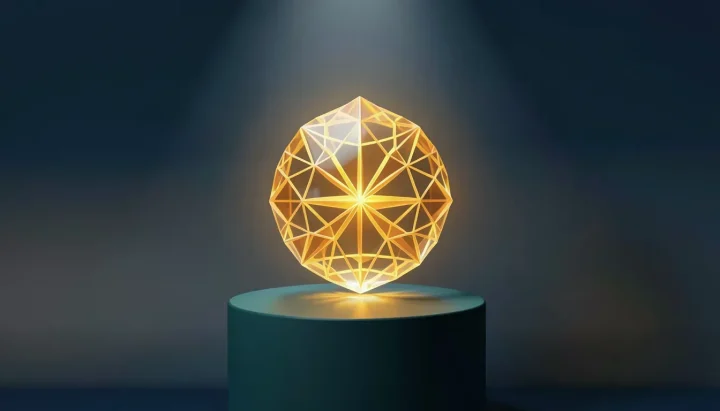 An editorial illustration featuring a glowing amber crystal sphere resting on a dark teal pedestal against a navy and charcoal background.
