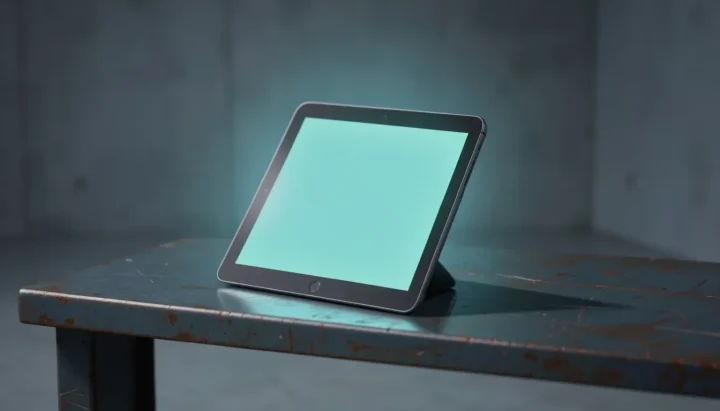 Ein digitales Tablet mit bläulich-grün leuchtendem Bildschirm liegt leicht geneigt auf einer zerkratzten Metallbank in einem dunklen Betonraum.