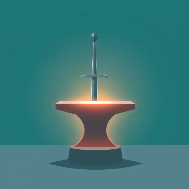 Illustration visuelle minimaliste d'une épée métallique dressée dans une enclume en pierre lumineuse sur fond gris ardoise.