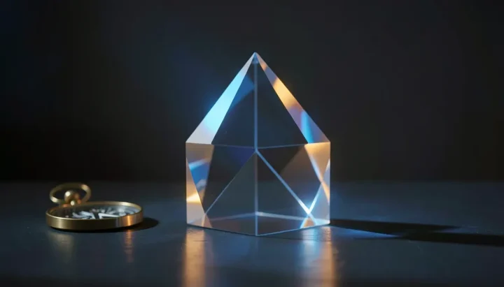 A glowing geometric glass prism resting on a dark slate surface with a brass compass in shadow, symbolizing AI search visibility.