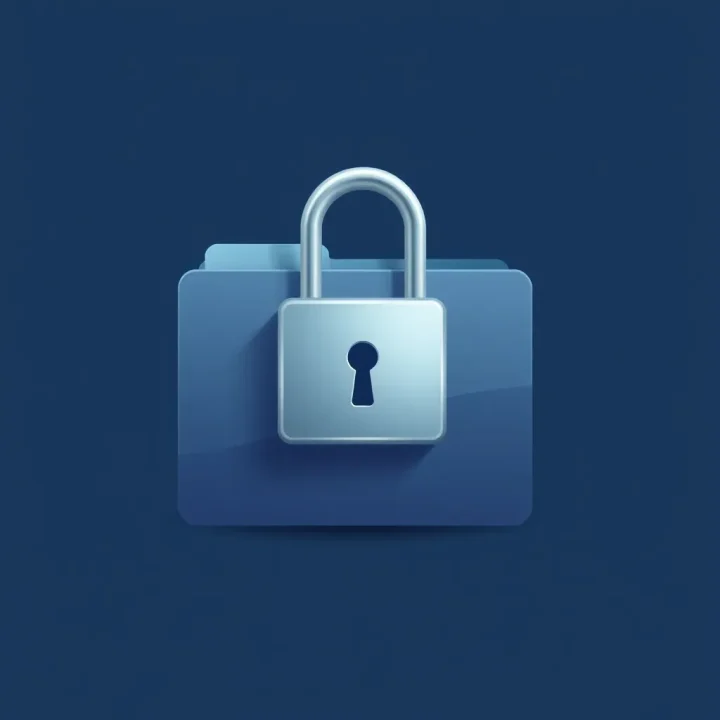 Ein metallenes Vorhängeschloss sichert einen minimalistischen Computerordner vor einem dunkelblauen Hintergrund.