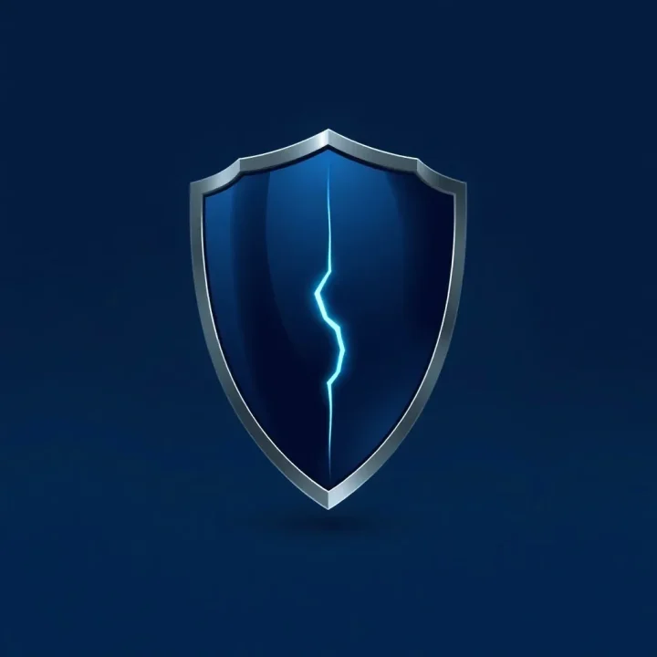 A metallic shield with a central glowing fracture resting against a dark navy background.