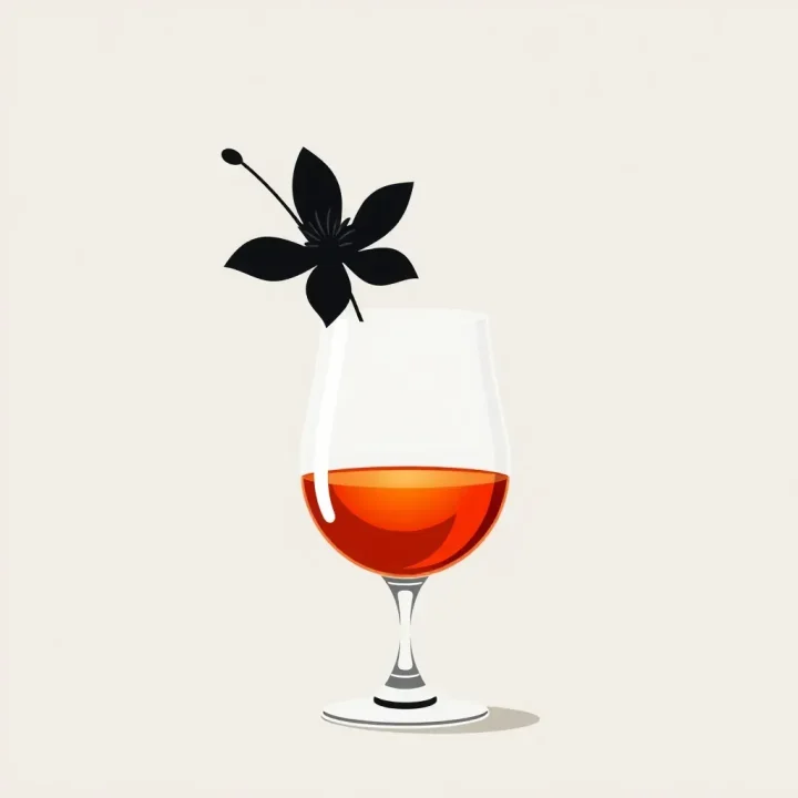 Un verre à cocktail élégant avec une garniture florale stylisée sur un fond minimaliste.