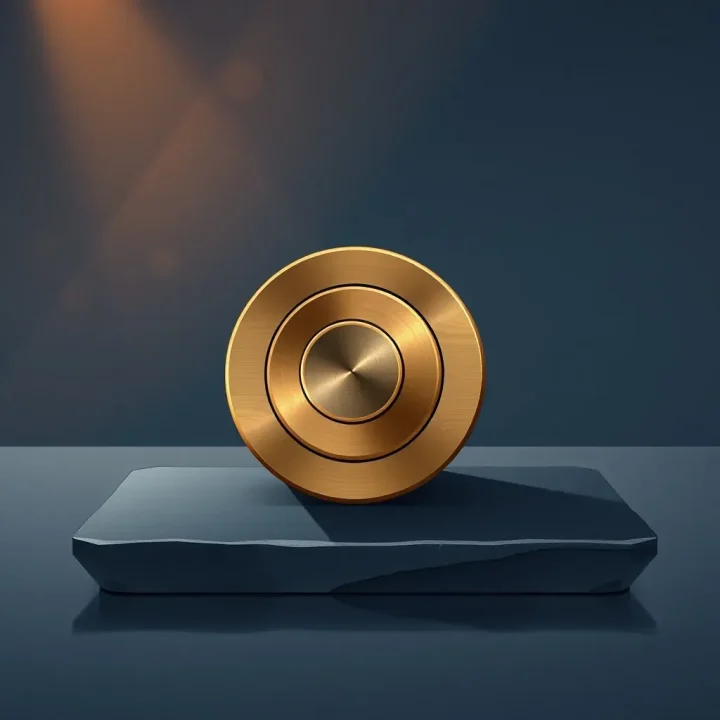 Une épaisse serrure connectée cylindrique en bronze brossé et laiton chaud posée sur une table en ardoise sombre avec un cadran de recharge mécanique visible.