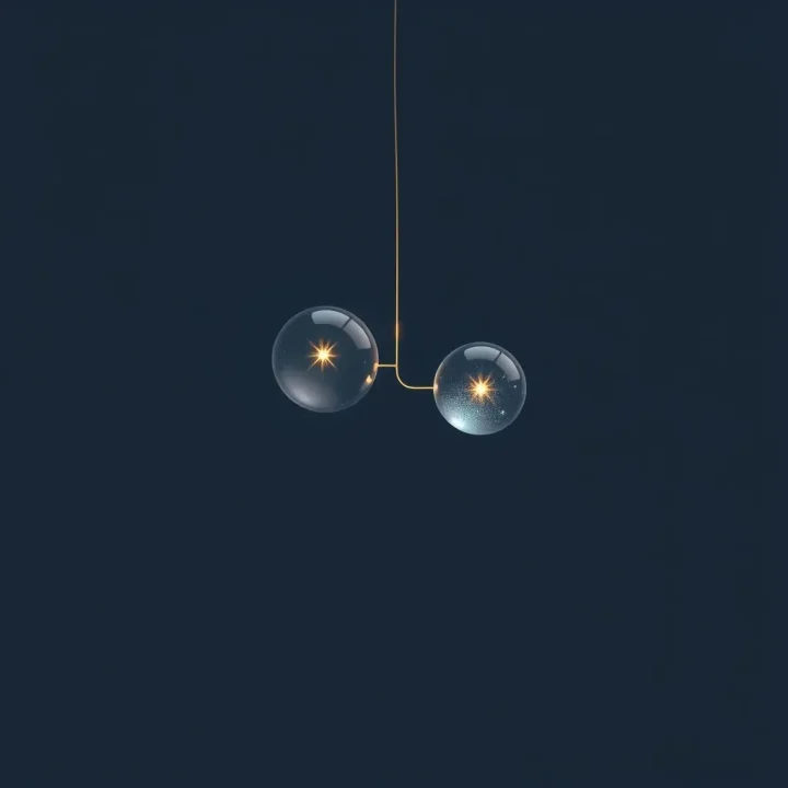 Deux sphères de verre lumineuses suspendues dans l'espace sombre et reliées par un fin fil de lumière, symbolisant l'intrication quantique.