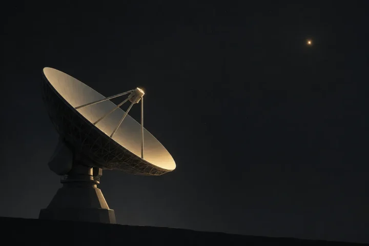 A large deep-space radio antenna points toward a small bright object in a dark night sky, symbolizing communication between Earth and a distant spacecraft.