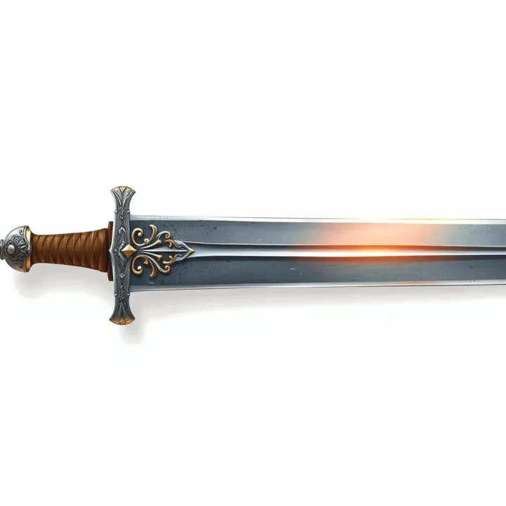 Une épée médiévale en acier posée à l'horizontale, dont une moitié de la lame présente un métal vieilli et l'autre moitié est polie jusqu'à briller doucement.