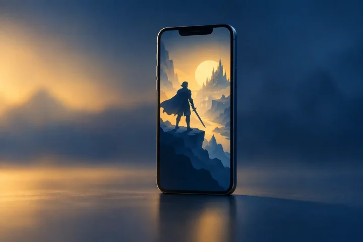 A smartphone displaying a glowing fantasy warrior over a subtle isometric landscape, representing a mobile MMORPG.