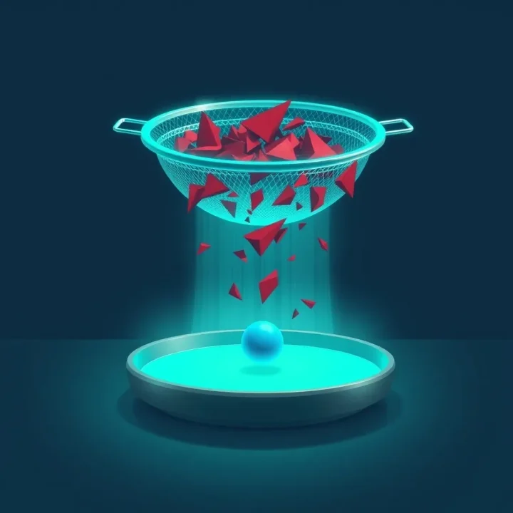 A central glowing turquoise sieve filtering crimson geometric shapes from smooth blue spheres against a dark navy background.