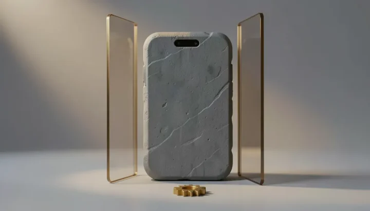 A smartphone-shaped stone block squeezed between two translucent glass walls with a brass gear in the foreground.