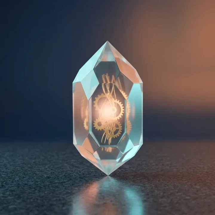 Una ilustración editorial panorámica que muestra un cristal de vidrio translúcido y multifacético reposando sobre granito oscuro, dejando ver en su interior engranajes dorados entrelazados y fibra óptica.