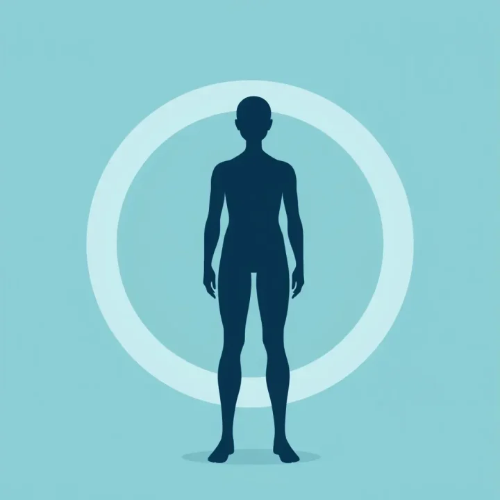 Minimalist illustration of a glowing silhouette inside a light ring, symbolizing an AI body scan.
