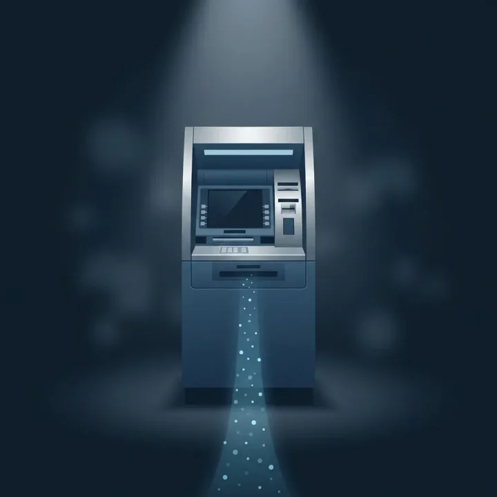 Ein beleuchteter Geldautomat mit subtilen digitalen Lichtströmen vor einem dunkelblauen Hintergrund.