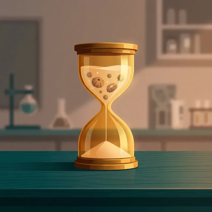 Un reloj de arena de vidrio dorado con caparazones microscópicos de erizos de mar y diminutas partículas virales flotantes sobre una superficie de madera verde azulado en un laboratorio minimalista.