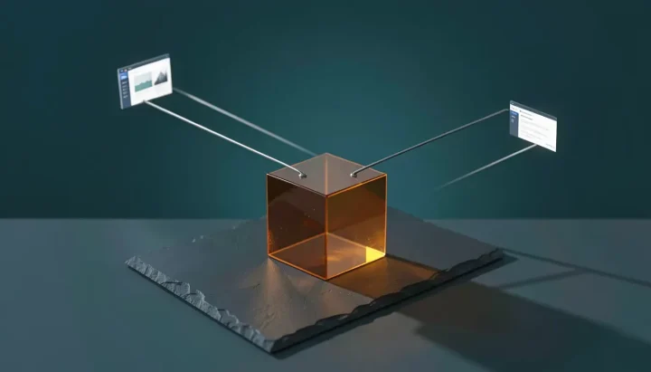 Wide editorial illustration featuring a glowing amber glass cube connected by metallic threads to symbolize a unified background service hub.