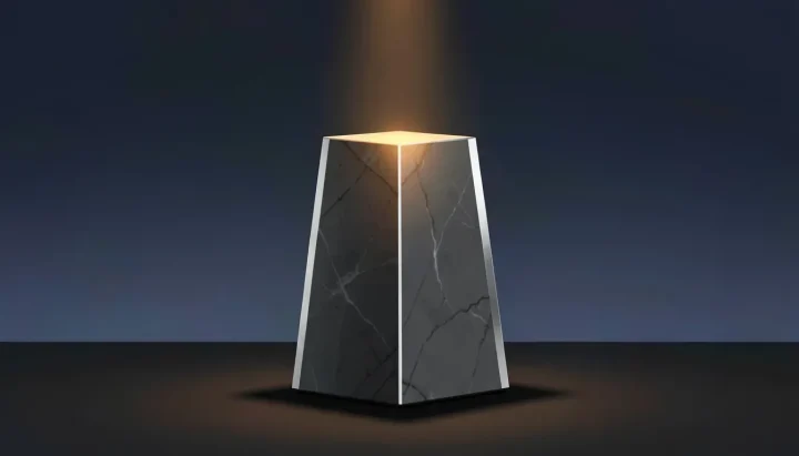 Una ilustración editorial que presenta un monolito de piedra pulida central con bordes de plata cepillada que emite un haz de luz ámbar sobre una superficie de carbón bajo un fondo con degradado azul marino.