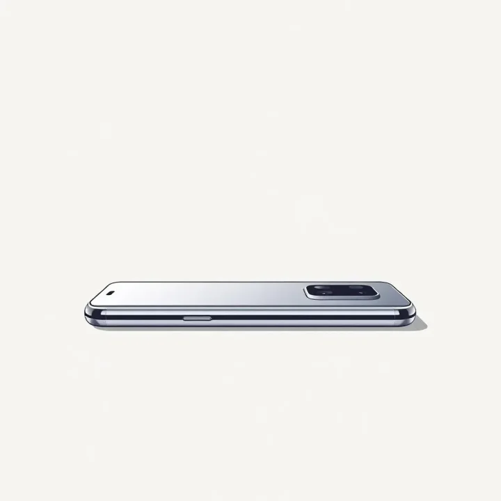 Ilustração editorial minimalista mostrando um desbotamento suave em gradiente ao redor do anel metálico elevado da câmera de um smartphone.