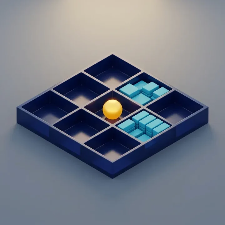 Ein glattes, dunkelblaues isometrisches Sortiertablett mit eigenen Fächern, in denen leuchtende gelbe und türkisblaue geometrische Formen unter warmem Licht liegen.