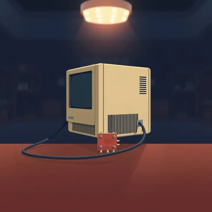 A vintage beige steel computing terminal rests on a dark mahogany table in a dimly lit laboratory, connected by a thick grey cable to a copper junction box under a warm overhead light.