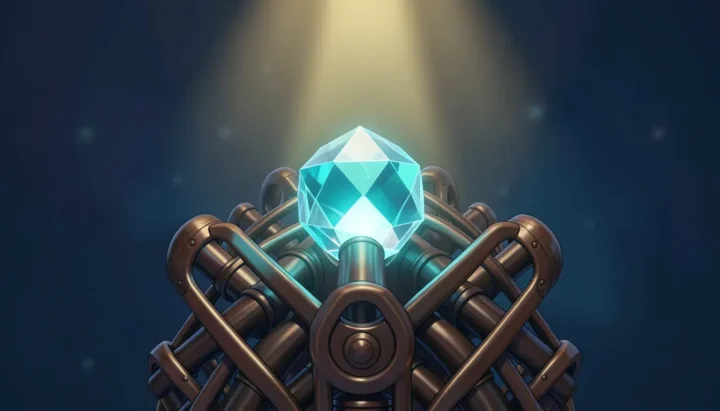 Una ilustración editorial que muestra una esfera cian brillante parcialmente desacoplada de una matriz mecánica de bronce oscuro bajo una suave iluminación superior.