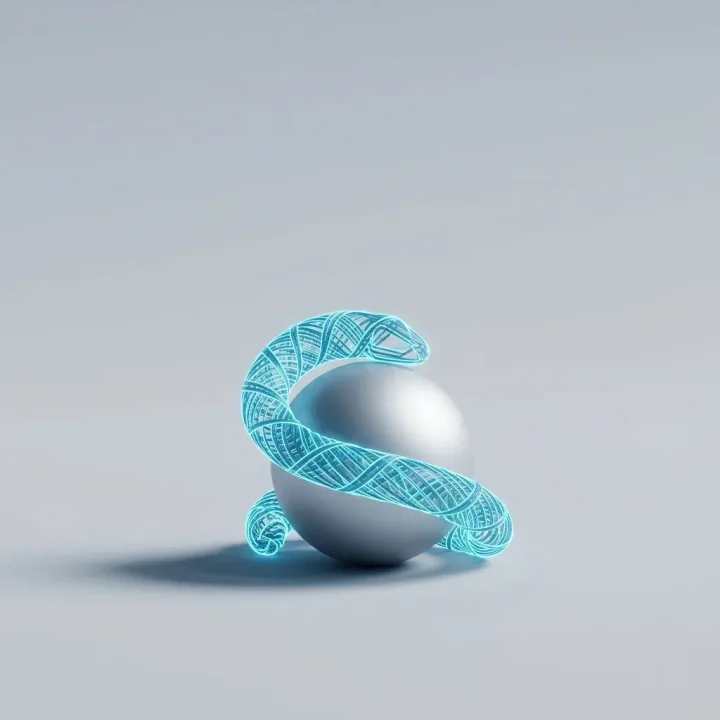 Eine minimale redaktionelle Illustration eines neonblauen geometrischen Wurms, der sich auf einem hellgrauen Hintergrund um eine glatte silberne Kugel windet.