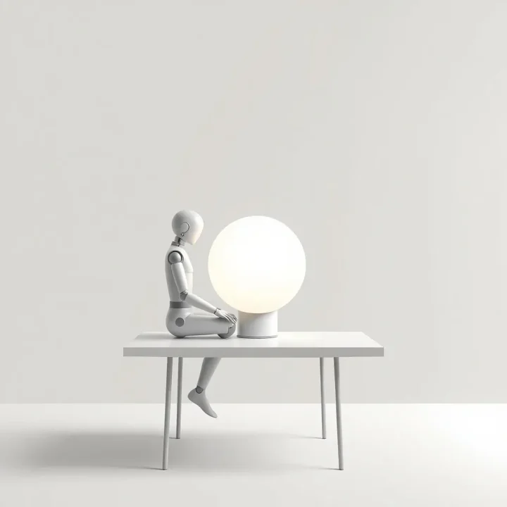 Ilustração editorial conceitual de um manequim de testes minimalista sentado em frente a uma esfera brilhante sobre uma mesa simples em um ambiente de tons suaves.