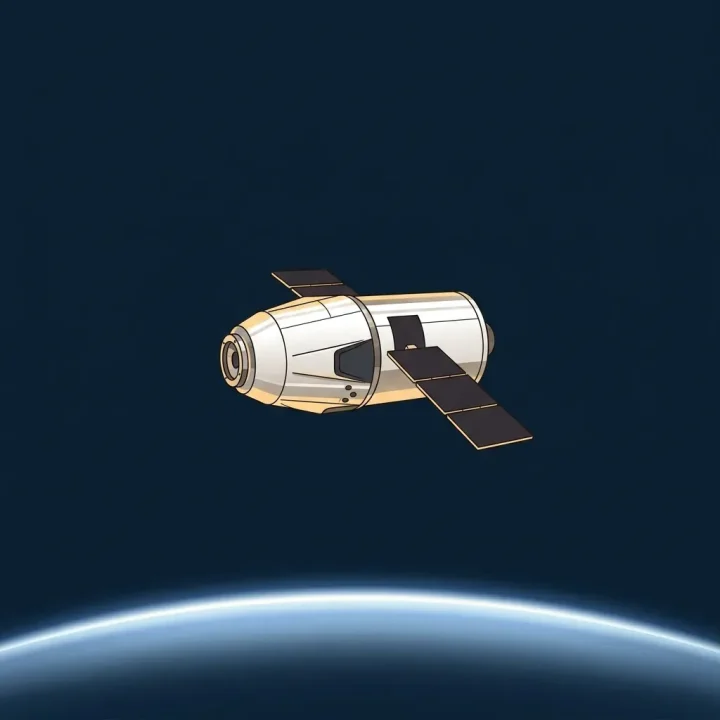 Illustration eines metallischen Raumstationsmoduls mit Solarmodulen, das über der Erde vor einem dunklen Weltraumhintergrund kreist.