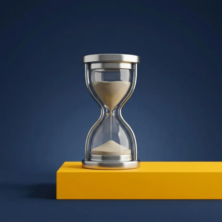 Editorial illustration featuring a chrome hourglass positioned on top of a yellow delivery package against a dark blue grid surface.