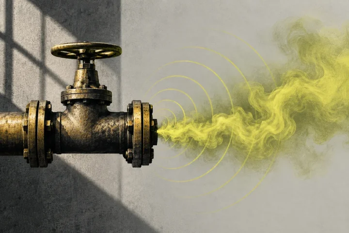 Um antigo cano metálico de gás com válvula libera uma fina pluma de odor verde-amarelada, que forma ondas de alerta sobre um fundo limpo, em tons de latão, carvão, cinza-claro e amarelo-enxofre.