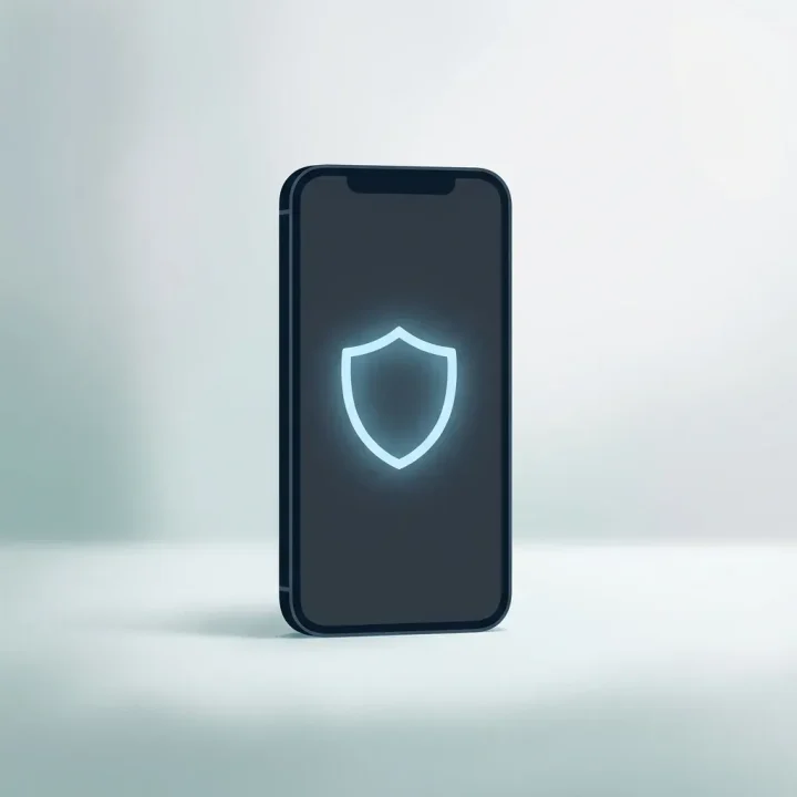 An upright smartphone with a glowing shield icon on its screen against a minimalist background.