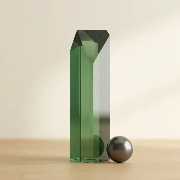 Redaktionelle Illustration eines durchscheinenden grünen Kristallprismas neben einer polierten dunklen Metallkugel auf einem hellen Eichenholzboden vor einer warmen cremefarbenen Studiowand.