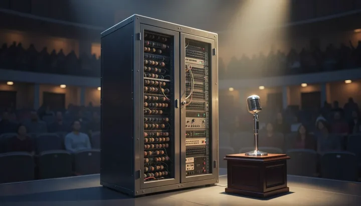 Una ilustración editorial panorámica que muestra un imponente armario de computadora antiguo de válvulas de vacío junto a un micrófono cromado sobre un podio, en un auditorio suavemente iluminado en tonos azul pizarra y ámbar.