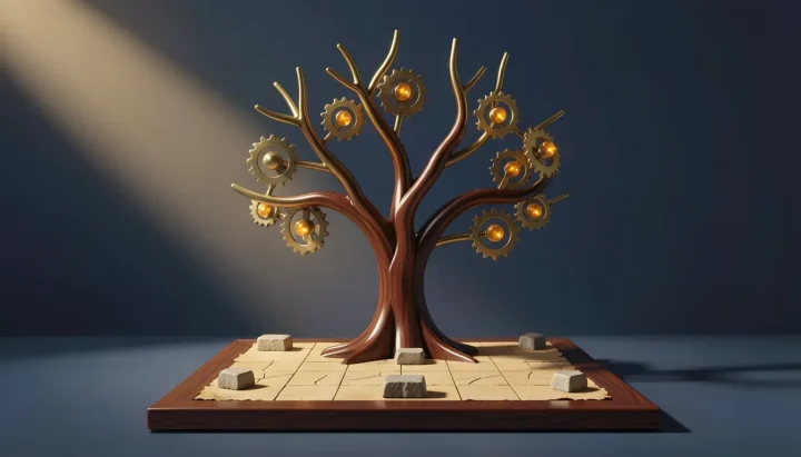 Uma representação artística de uma árvore tecnológica feita de madeira e latão, posicionada sobre um tabuleiro de jogo com peças esculpidas em pedra.